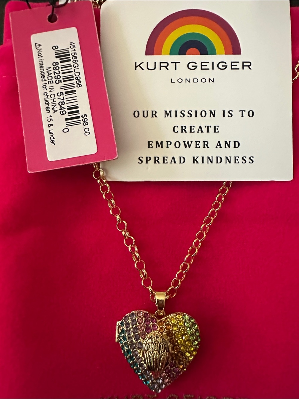 Kurt Geiger Gold Heart Locket
 Necklace with Rainbow Crystals